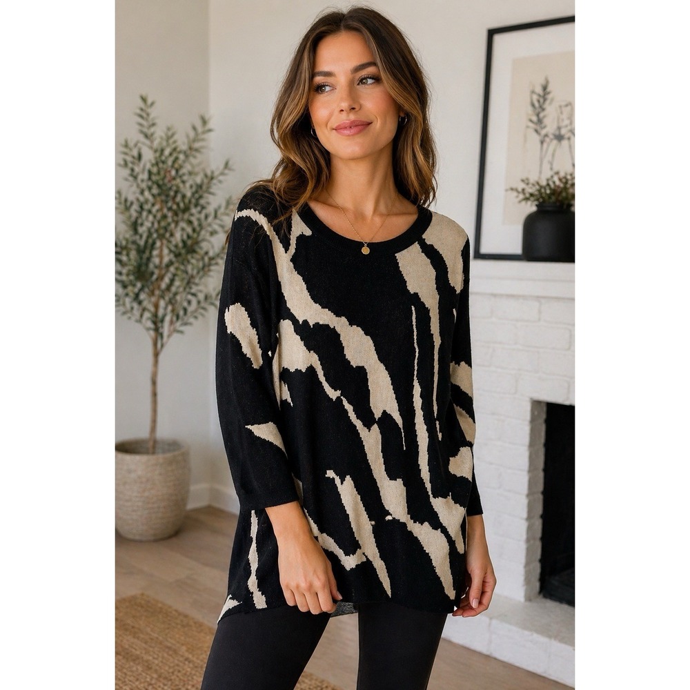 Wilfred Aritzia Silk Cashmere Blend Black Cream Abstract Knit Tunic Small